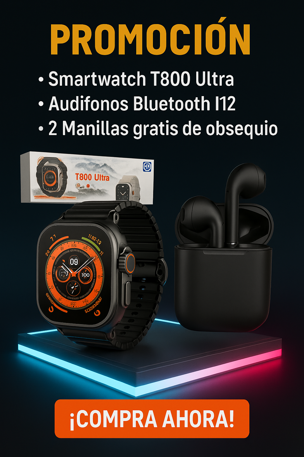 SMART WATCH T800+AUDIFONOS I12+ OBSEQUIO