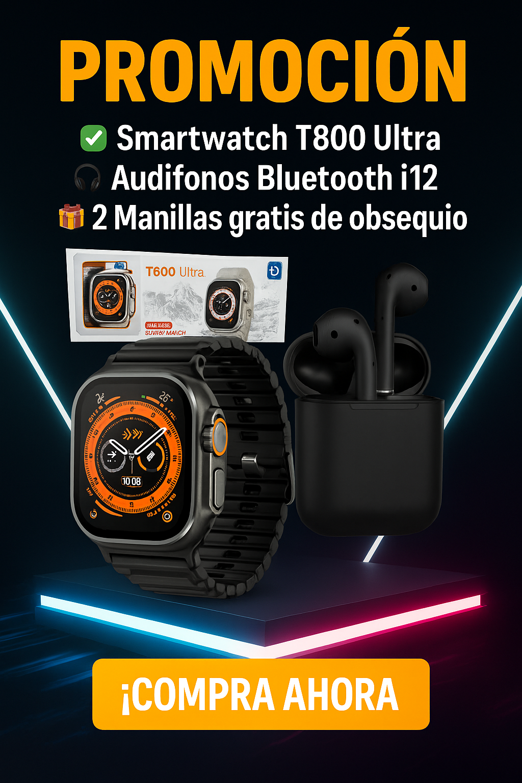 SMART WATCH T800+AUDIFONOS I12+ OBSEQUIO